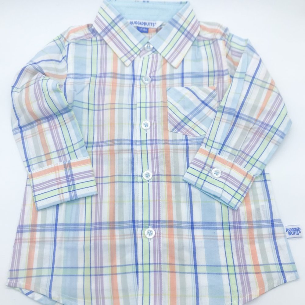 Boys Blue Plaid Button Down Shirt. Size 0-3 to 5T